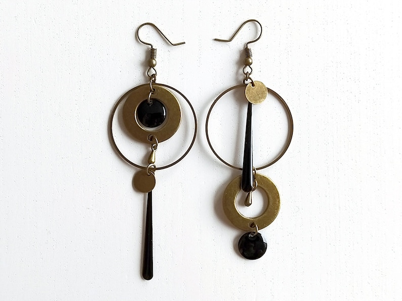 Asymmetrical bronze earrings long black or white sequin round connector circle drop image 4