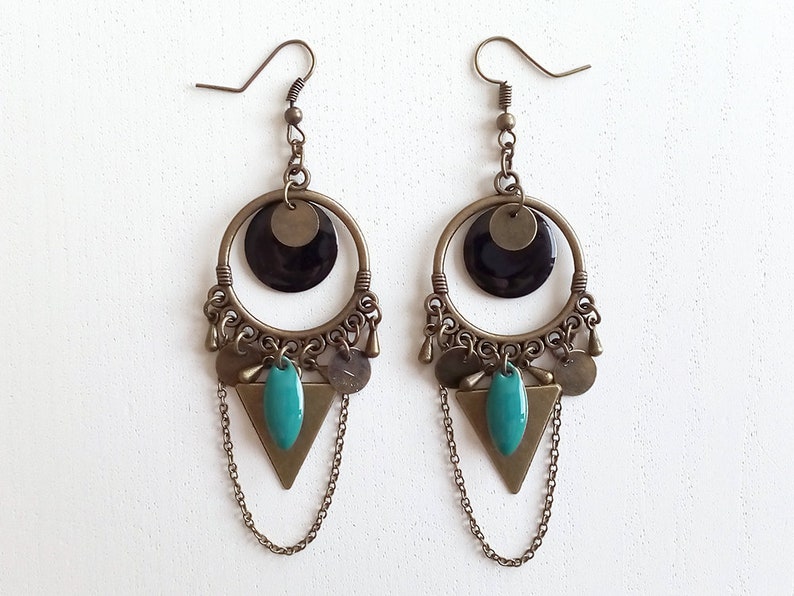 Bronze candlestick earrings chain round black sequin drops turquoise shuttle triangle sequins