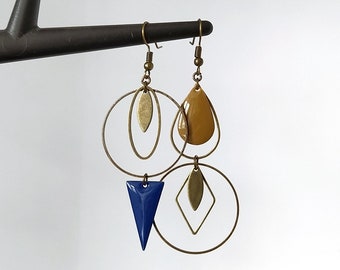 Asymmetrical bronze drop earrings camel royal blue triangle circles oval diamond