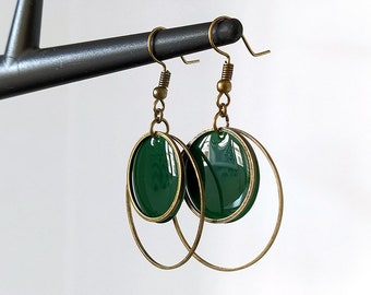 Boucles d'oreilles bronze sequin vert sapin 20 double cercle