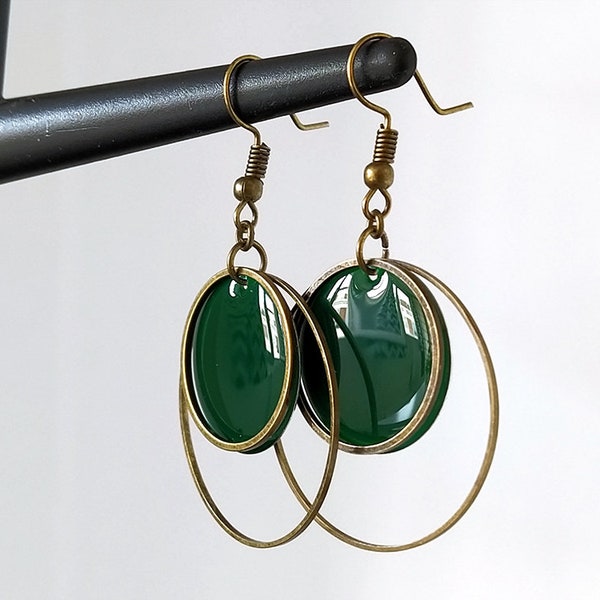 Boucles d'oreilles bronze sequin vert sapin 20 double cercle