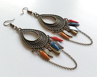 Chandelier drop earrings mustard turquoise and coral drops chain