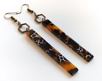 Earrings bronze long rectangle acetate brown transparent spots white black opaque - small hexagon