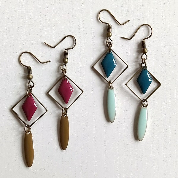 Boucles d'oreilles carre bronze navette turquoise clair et losange turquoise ou navette camel et losange rose fuchsia