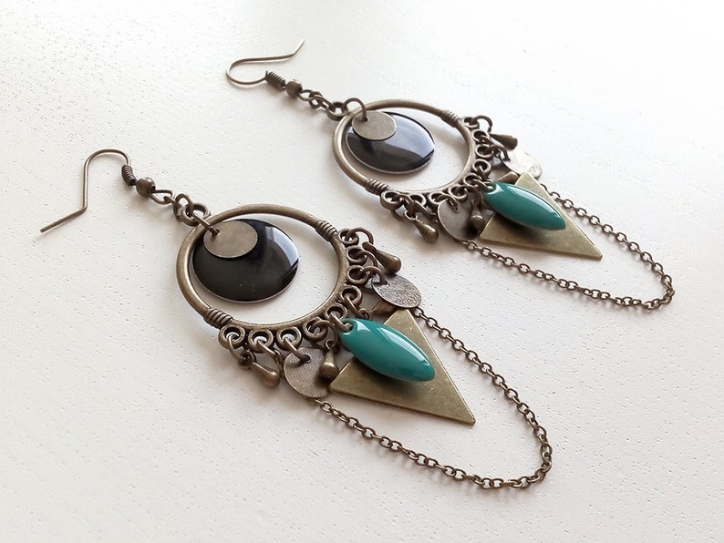 Bronze candlestick earrings chain round black sequin drops turquoise shuttle triangle sequins