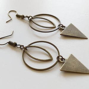 Bronze earrings circle large leaf triangle
