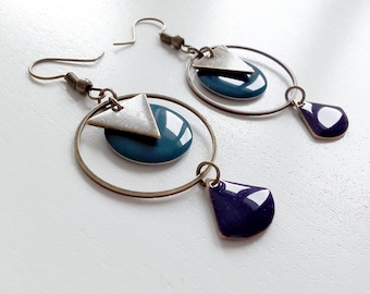 Boucles d'oreilles bronze sequin turquoise foncé triangle cercle éventail violet