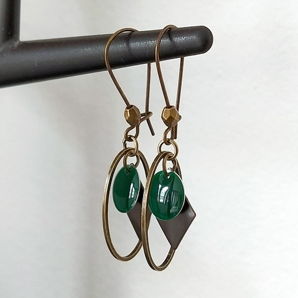 Boucles d'oreilles bronze sequin vert sapin 10 losange bronze ovale