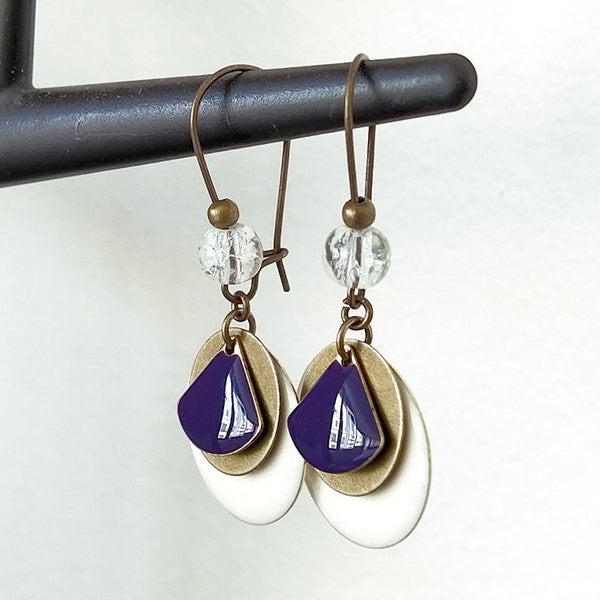 Boucles d'oreilles bronze sequin blanc 20 sequin bronze 15 éventail violet perle crauquelée