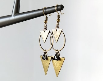 Bronze double triangle earrings small black triangle circle 20