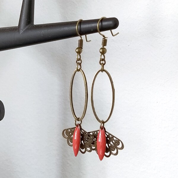 Boucles D'oreilles Bronze Et Corail – Occasion, Fermoir Clips, Poids 40g, Fabrication Française