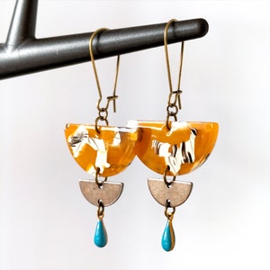 Bronze acetate earrings half circle ocher beige black petals - bronze half circle pt - turquoise drop