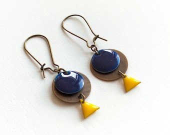 Boucles d'oreilles bronze sequin bleu nuit 12 - sequin bronze 16 - triangle jaune