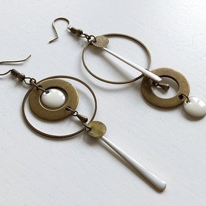 Asymmetrical bronze earrings long black or white sequin round connector circle drop image 6