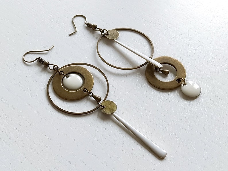 Asymmetrical bronze earrings long black or white sequin round connector circle drop image 6