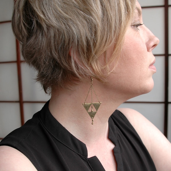 Boucles d'oreilles bronze triangle chaînes gouttes