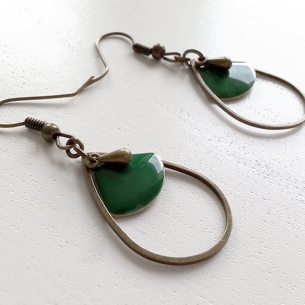 Bronze drop earrings green fan drop