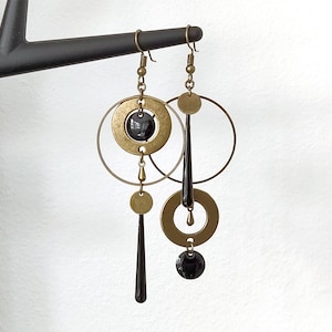 Asymmetrical bronze earrings long black or white sequin round connector circle drop image 3