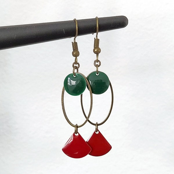 Boucles d'oreilles bronze sequin vert sapin 10 ovale éventail rouge