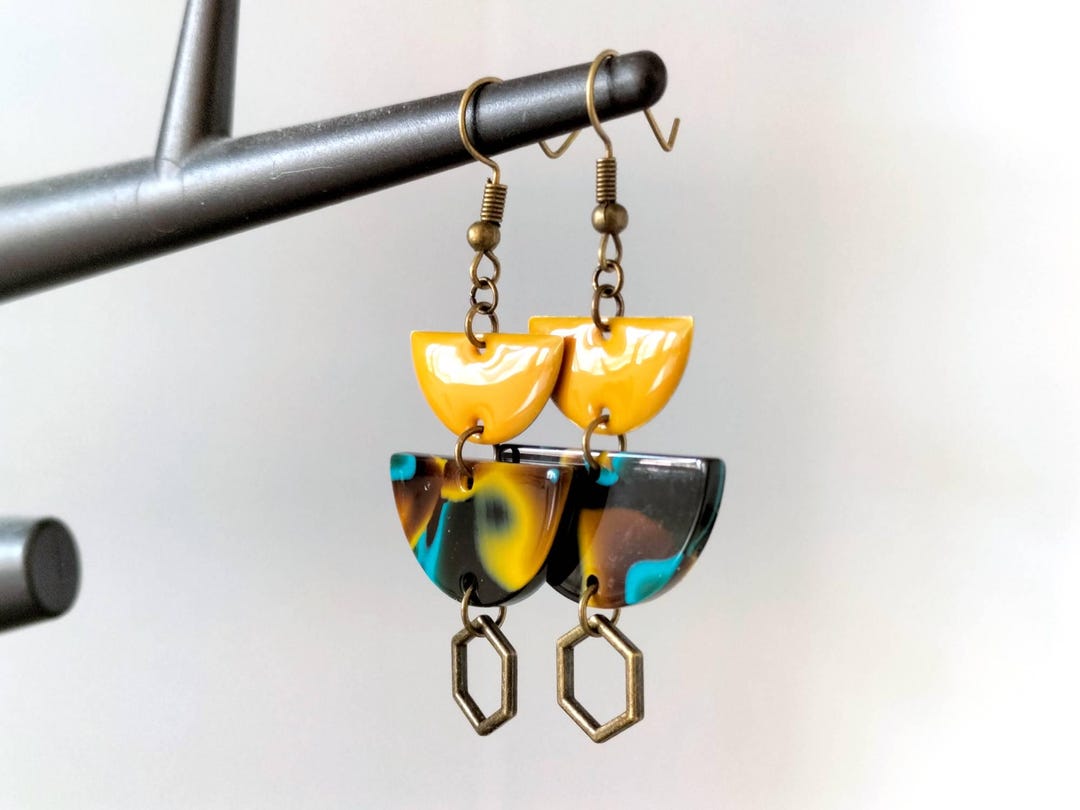Boucles D'oreilles Pendantes Jaune Moutarde Avec Plumes Et Cuir - Style Nature Unique