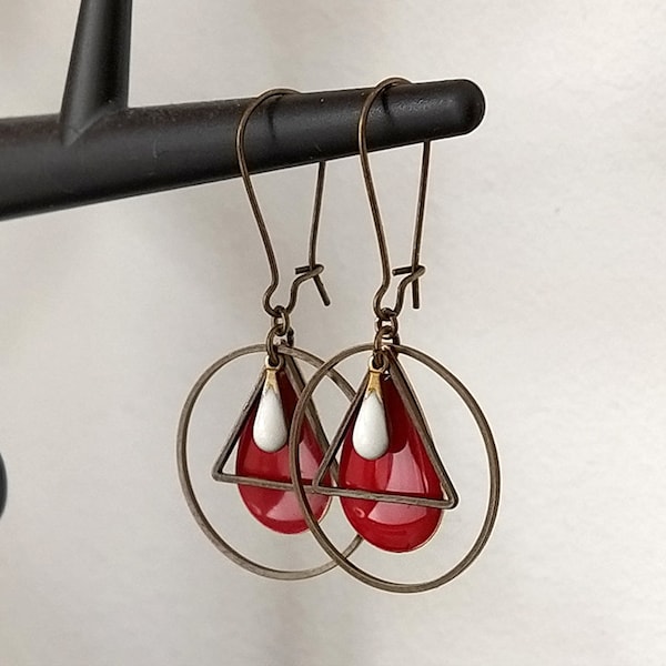 Boucles d'oreilles bronze goutte rouge cercle triangle goutte blanche