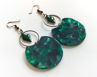 Boucles d'oreilles bronze cercle crop acetate vert cercle 20 losange vert sapin