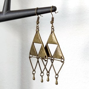 Earrings bronze triple triangle double triangle drops