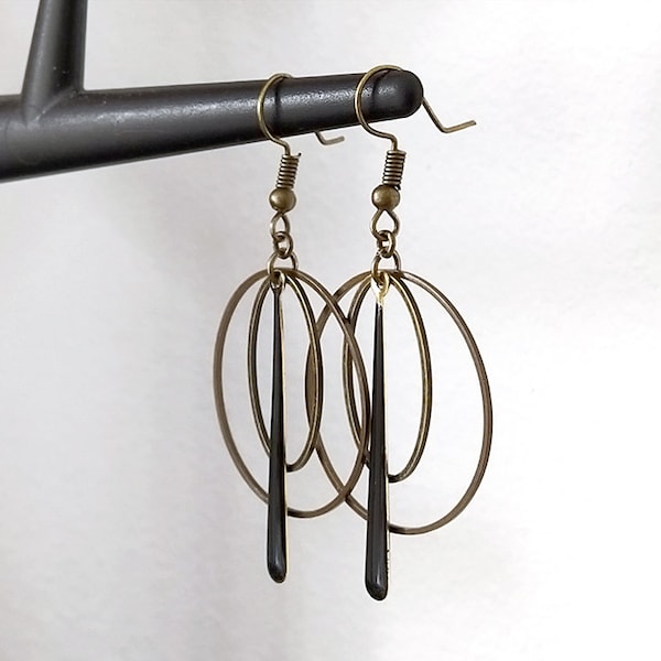 Boucles d'oreilles bronze long sequin noir cercle ovale