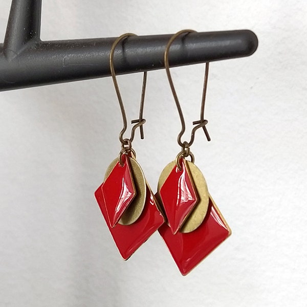 Boucles d'oreilles bronze carre rouge 24 sequin bronze 15 losange rouge