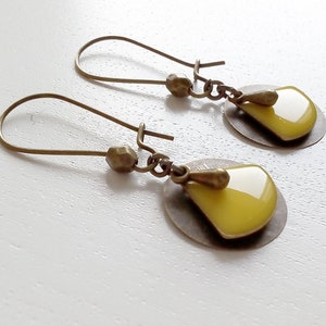 Yellow fan bronze sequin bronze drop earrings