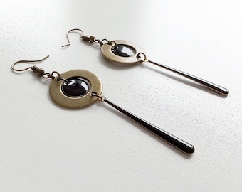 Earrings bronze circle connector bronze sequin round black sequin long black