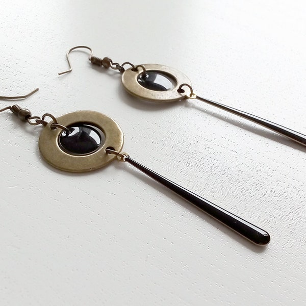 Boucles d'oreilles bronze cercle connecteur bronze sequin rond noir sequin long noir