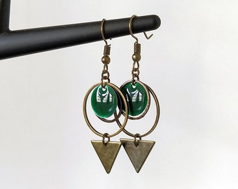 Boucles d'oreilles bronze sequins verts sapin 12 cercles 14 20 triangle