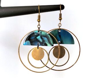 Boucles d'oreilles bronze demi cercle acetate libellule bleu paillete - cercle 40 20 - sequin bronze 12