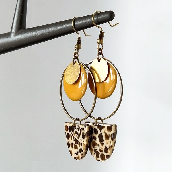 Boucles d'oreilles bronze sequin jaune moutarde 20 acetate girafe pont sequin bronze 12