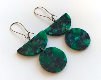 Bronze half circle acetate and green round earrings