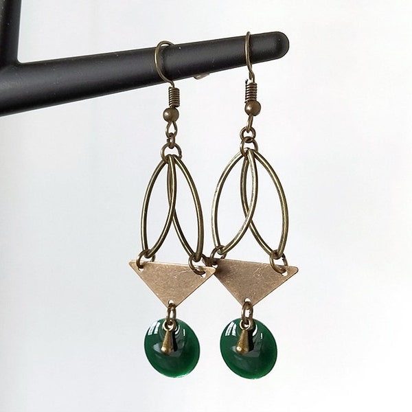 Boucles d'oreilles bronze double feuille triangle sequin vert sapin 12 goutte