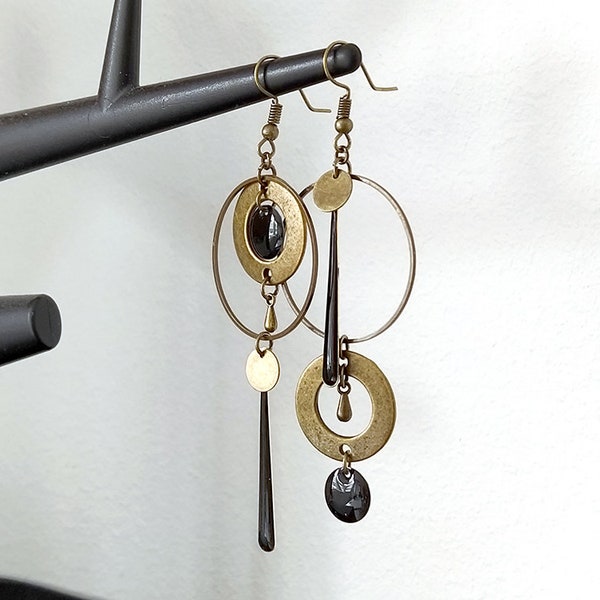 Asymmetrical bronze earrings long black or white sequin round connector circle drop