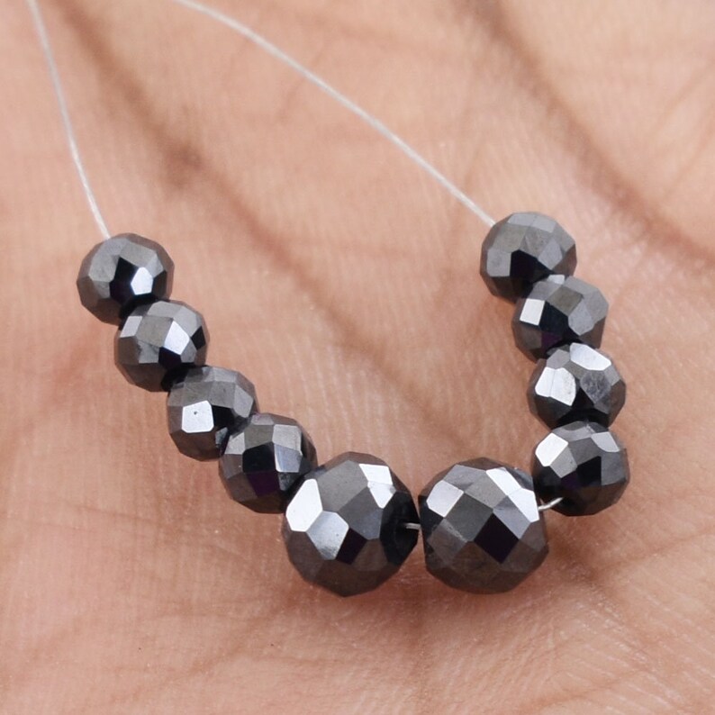 3mm-5mm Certified 10 Pcs Round Faceted Black Diamond Beads Lot for Making Jewelry