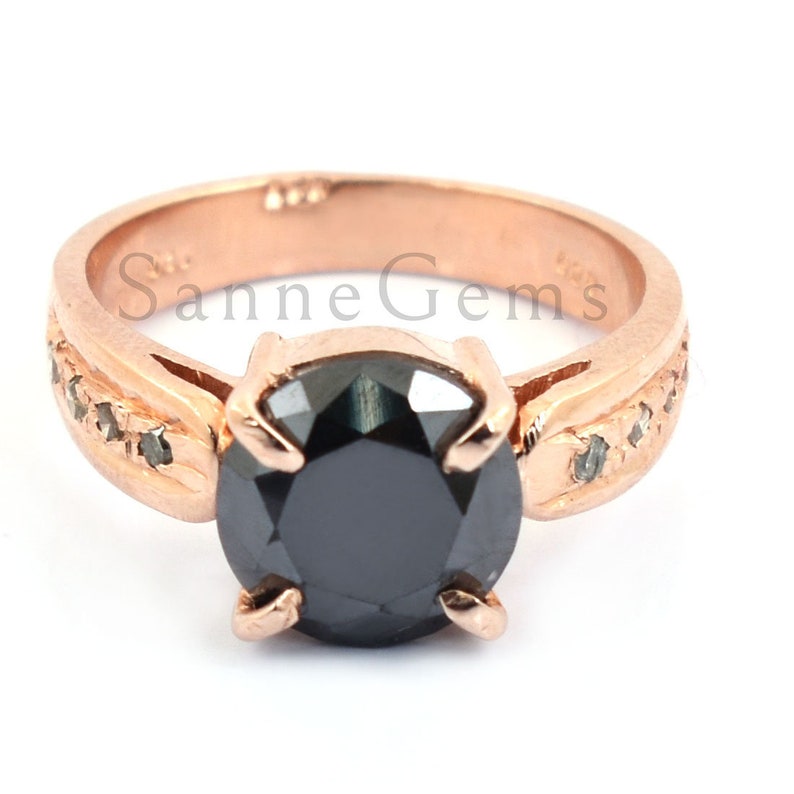 Designer Accents Ring. Black Diamond Solitaire Ring.Certified 2.05 Ct Round Faceted.925 Sterling Silver Certified earth mined Diamond
