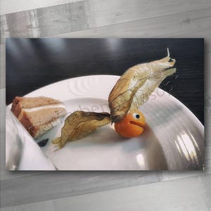 Pacman en la cocina: El physalis encantado con ojos saltones y hojas en el plato como postre. Lámina artística humorística para niños.