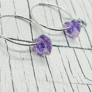 Swarovski earrings, Sterling silver hoops, Violet crystal earrings