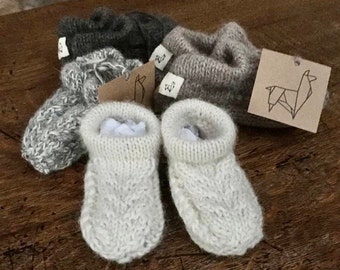Hand knitted in Scotland in softest baby alpaca stay-on baby shoes