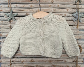 Hand knitted collared unisex jacket in cream (baby alpaca yarn)