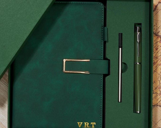 Personalized Leather Journal Gift Set, Engraved Name A5 Notebook, Custom Vegan Leather Notebook with Pen, Teacher Gifts, Travel Diary