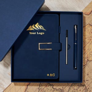 Custom Your Logo Leather Journal Gift Set, Engraved Logo A5 Notebook, Custom Vegan Leather Notebook with Pen, Travel Diary, Corporate Gifts