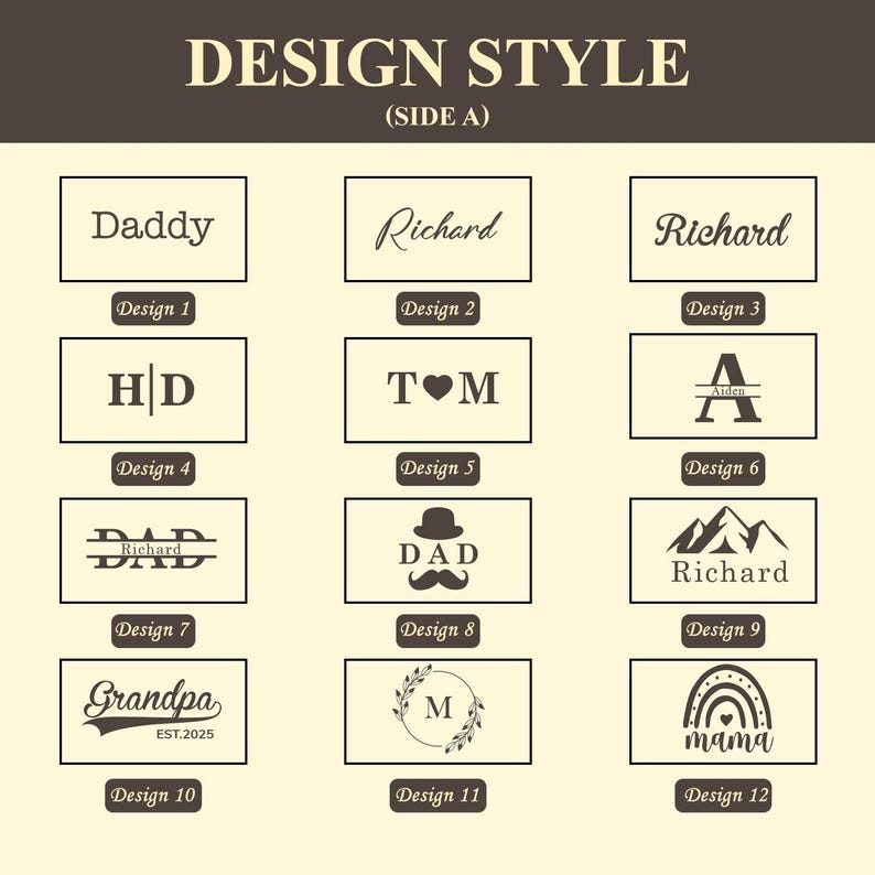 May include: Twelve different design options for a personalized wooden sign. The designs include names, initials, and various graphic elements such as hearts, mountains, and a rainbow.