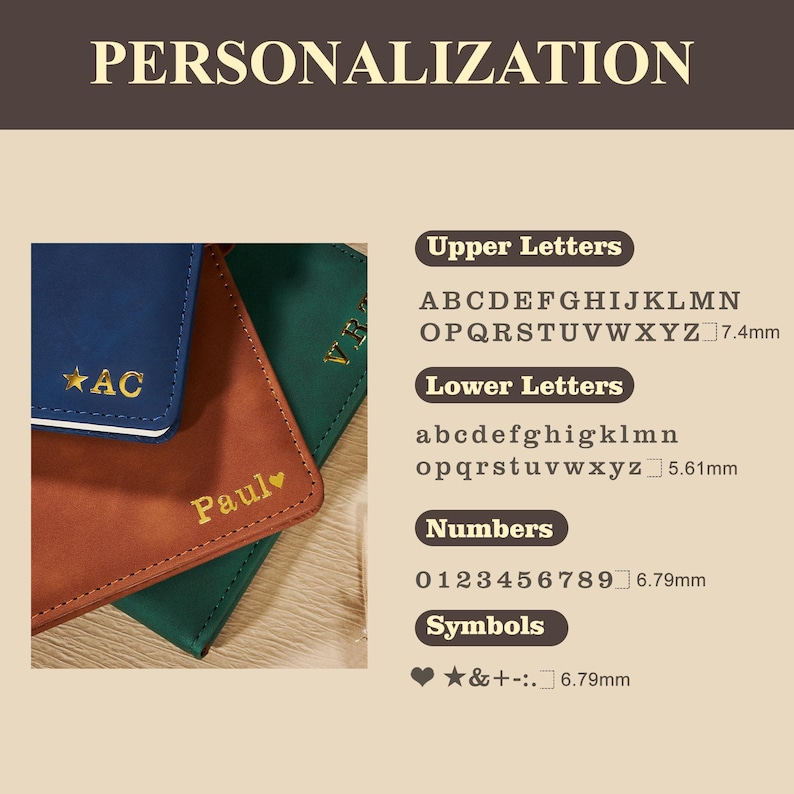 May include: Image showcasing personalization options for leather goods. Features examples of custom text and symbols on blue, brown, and green leather items. Includes a chart with upper and lower case letters, numbers, and symbols with their respective sizes in millimeters.
