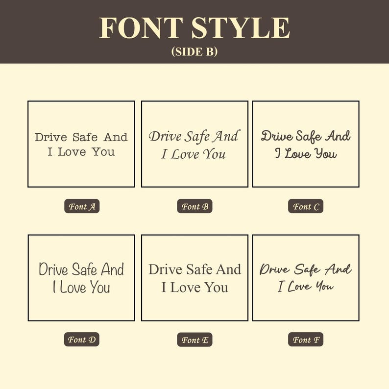 May include: Six different font styles for the phrase "Drive Safe And I Love You" displayed in white text on a yellow background. The fonts are labeled A through F.
