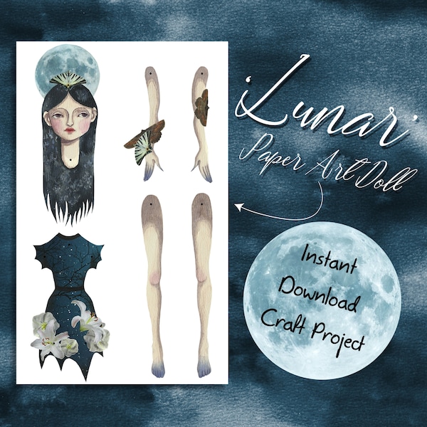 Lunar DIY Paper Art Doll | Instant Download | Printable Papercraft Craft Project | Articulated witch gothic folk moon decor scrapbooking